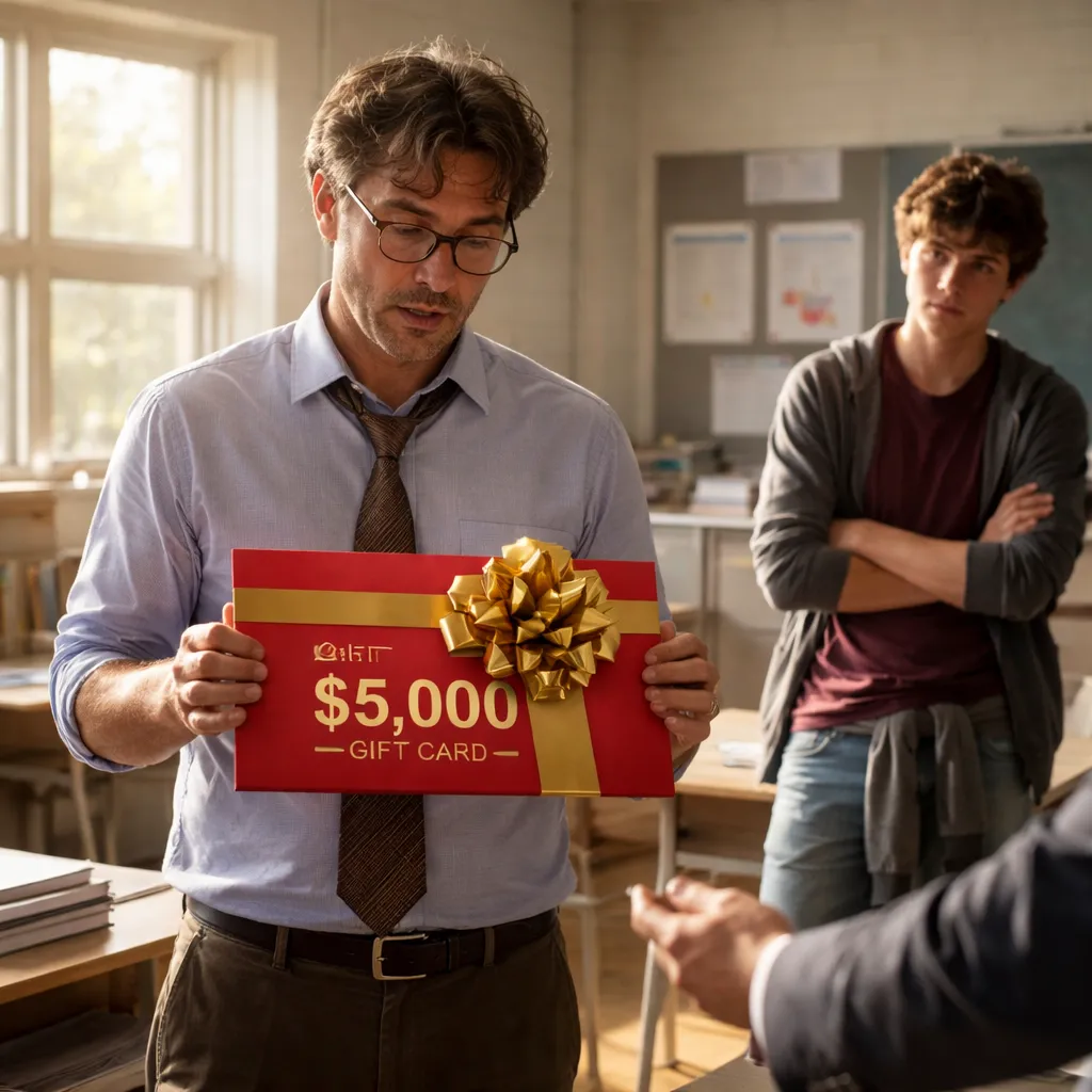 A parent's $5,000 gift card raises questions as their son struggles in class.